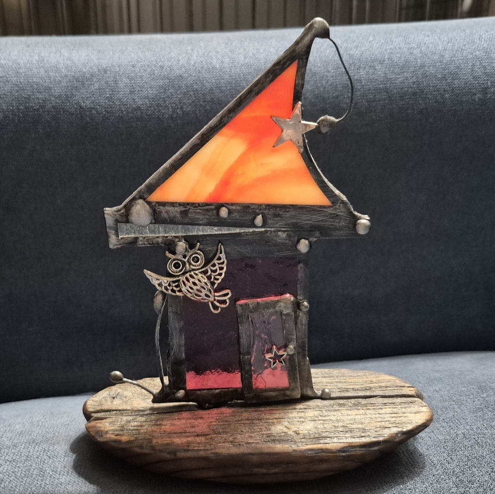 Stained Glass House Ornament with Owl